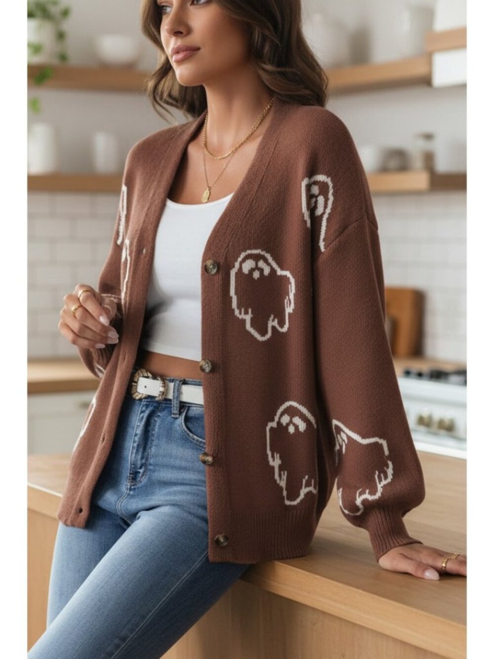 Contrast Knit Spooky Ghost V-Neck Button Front Cardigan Halloween Long Sleeve